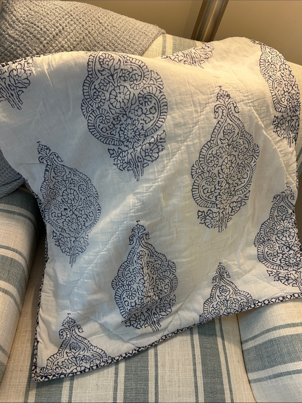 West Elm Quilted Euro Sham Pillow Cover Medallion Block Print Blue & White